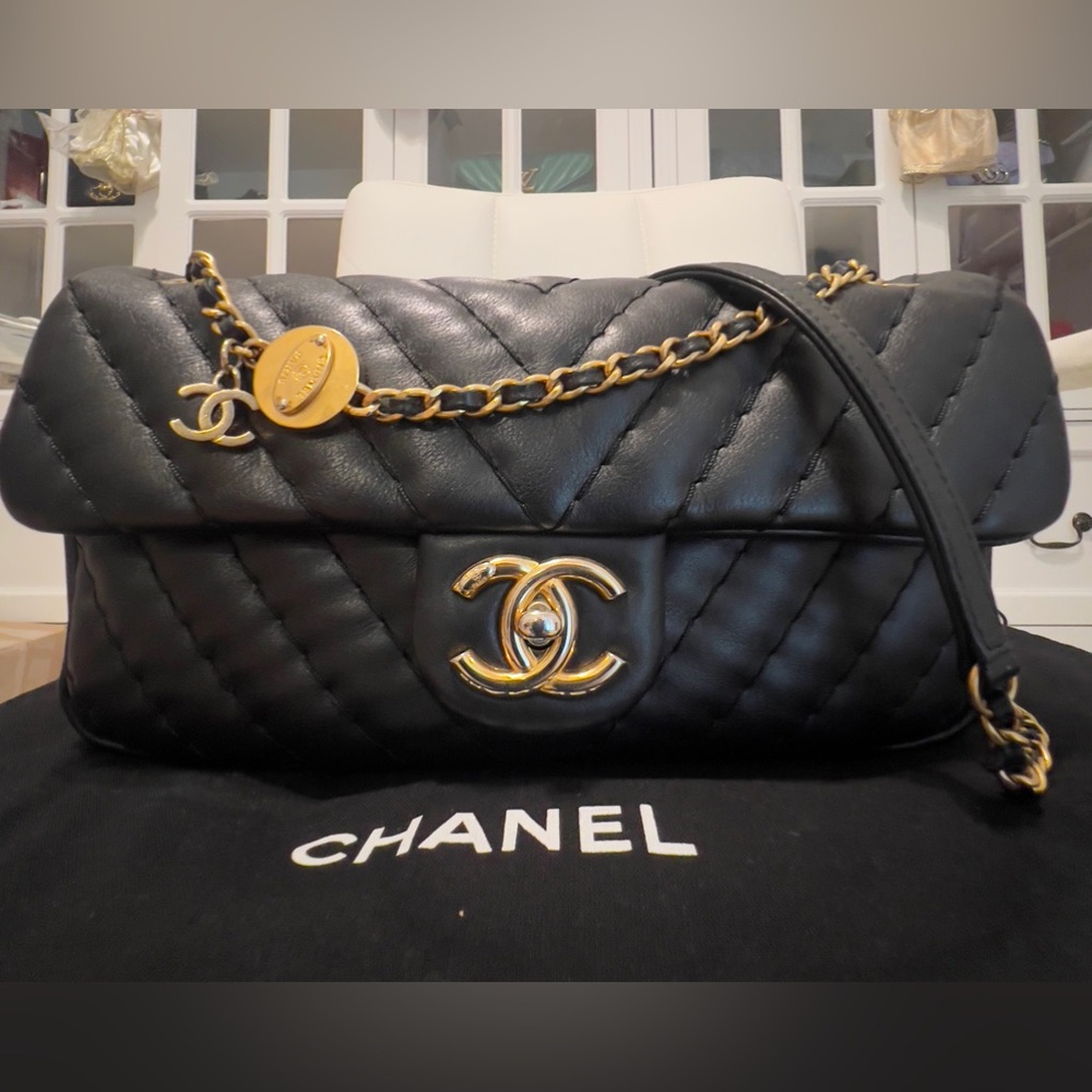 SOLD AUTHENTIC Chanel Medallion Charm Flap Bag ChevronCalfskin Medium